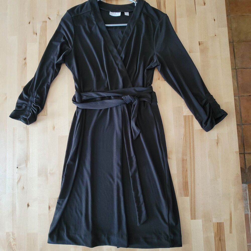New York & Company Black V Neck Faux Wrap Dress Sz M 3/4 Ruched Sleeve Wedding